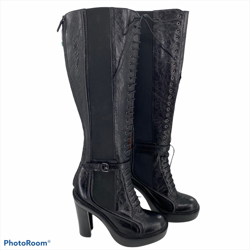 GIVENCHY | Black Leather Lace up Knee High Boots - Picture 2 of 16